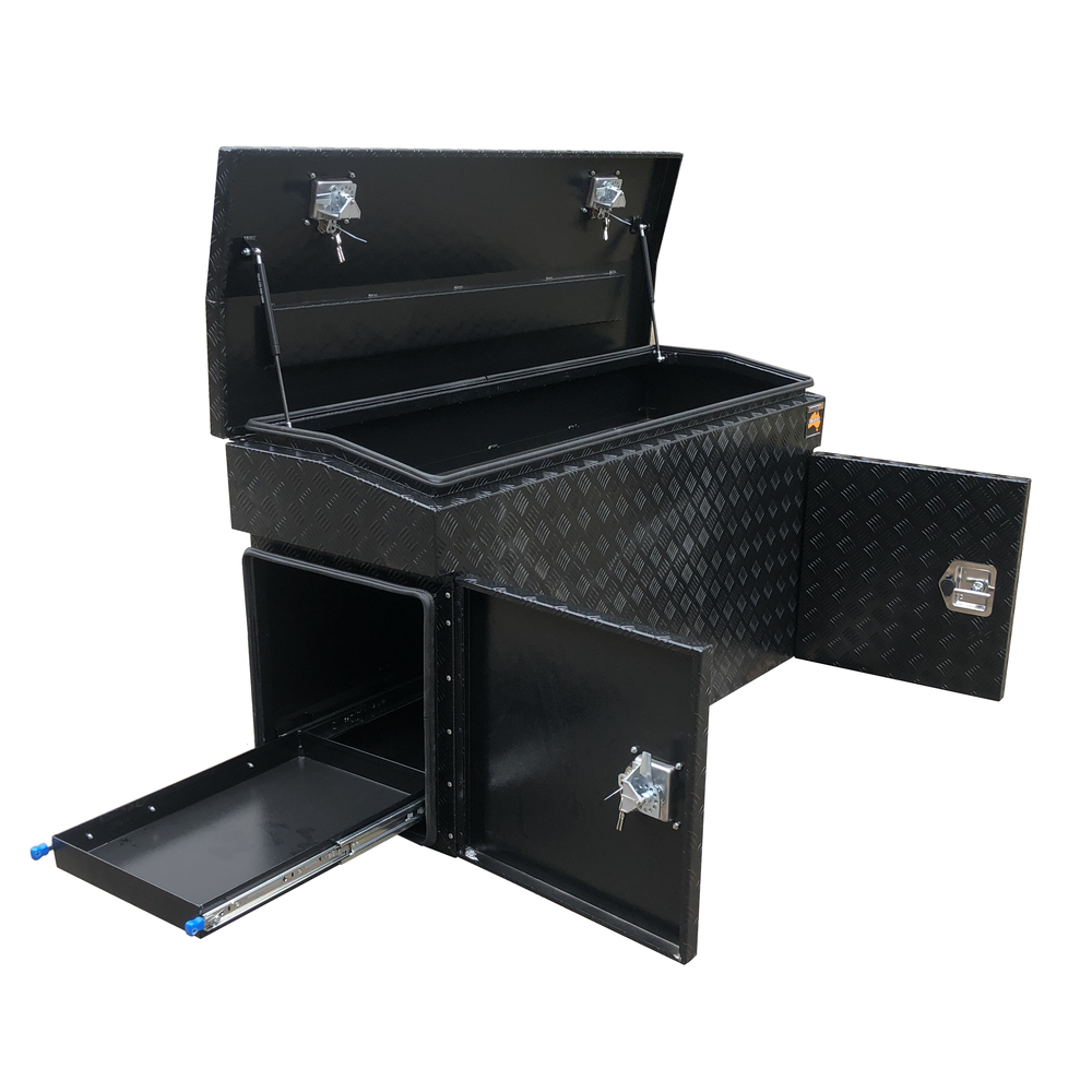 1400 x 550 x 800mm Black Aluminium Checker Ute Toolbox Webber BBQ & Fridge Slide Camper Caravan Canopy Tool Box 1458SLD-CPB