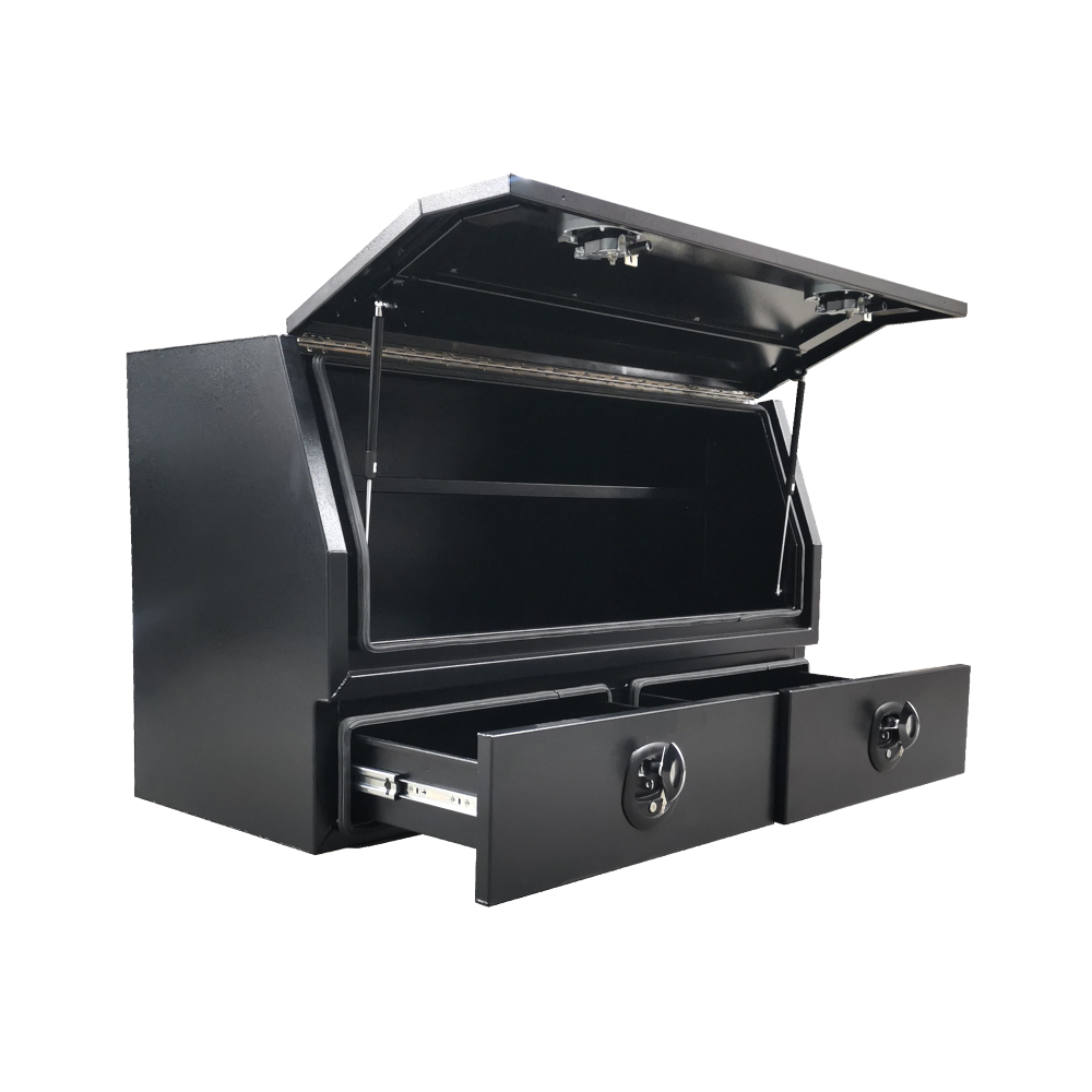 1400 x 600 x 820mm Black Flat Aluminium 3/4 Half Side Opening 2 Drawer Slide Ute Tool Box Truck Trailer Toolbox Shelving 1468A-B