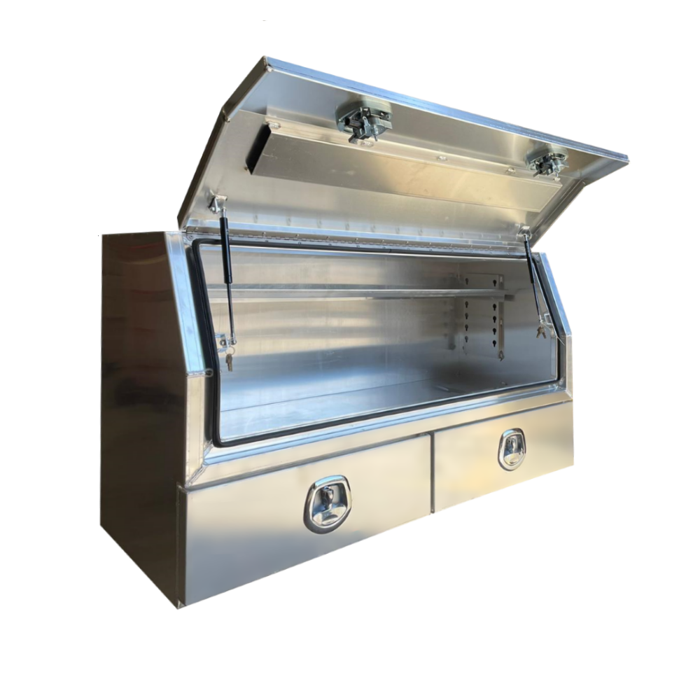 1400 x 600 x 820mm Raw Flat Aluminium 3/4 Half Side Opening 2 Drawer Slide Ute Tool Box Truck Trailer Toolbox Shelving 1468A-FP