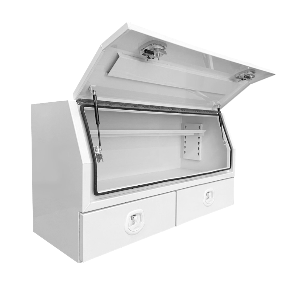 1400 x 600 x 820mm White Flat Aluminium 3/4 Half Side Opening 2 Drawer Slide Ute Tool Box Truck Trailer Toolbox Shelving 1468A-W