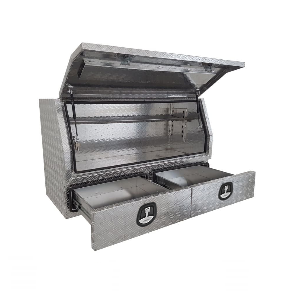 1400 x 600 x 820mm Aluminium Checker 3/4 Half Side Opening 2 Drawer Slide Ute Tool Box Truck Trailer Toolbox Shelving 1468A