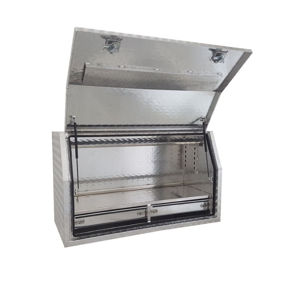 1400 x 600 x 820mm Aluminium Checker Full Side Opening 2 Drawer Slide Ute Tool Box Truck Trailer Toolbox Shelving 1468FD-2