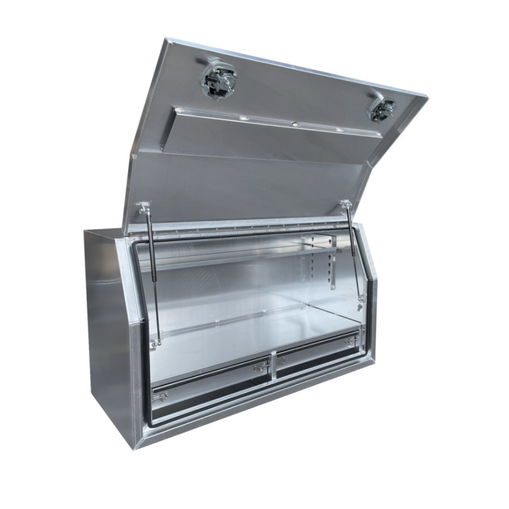 1400 x 600 x 820mm Raw Flat Aluminium Full Side Opening 2 Drawer Slide Ute Tool Box Truck Trailer Toolbox Shelving 1468FD-2A