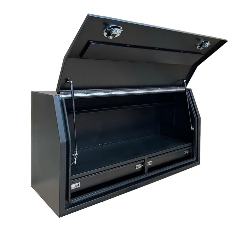 1400 x 600 x 820mm Black Flat Aluminium Full Side Opening 2 Drawer Slide Ute Tool Box Truck Trailer Toolbox Shelving 1468FD-2B