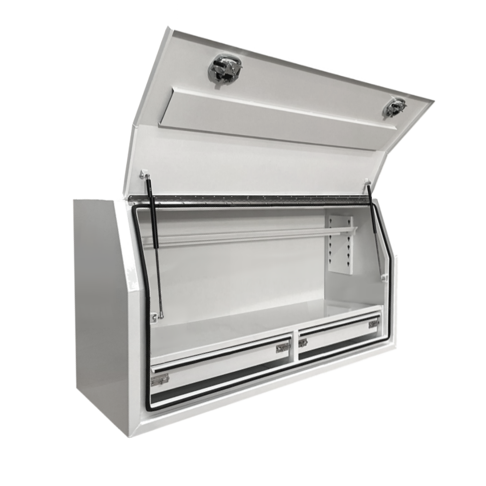 1400 x 600 x 820mm White Flat Aluminium Full Side Opening 2 Drawer Slide Ute Tool Box Truck Trailer Toolbox Shelving 1468FD-2W