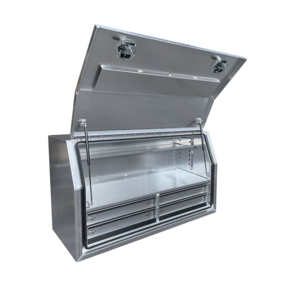 1400 x 600 x 820mm Raw Flat Aluminium Full Side Opening 4 Drawer Slide Ute Tool Box Truck Trailer Toolbox Shelving 1468FD-4A