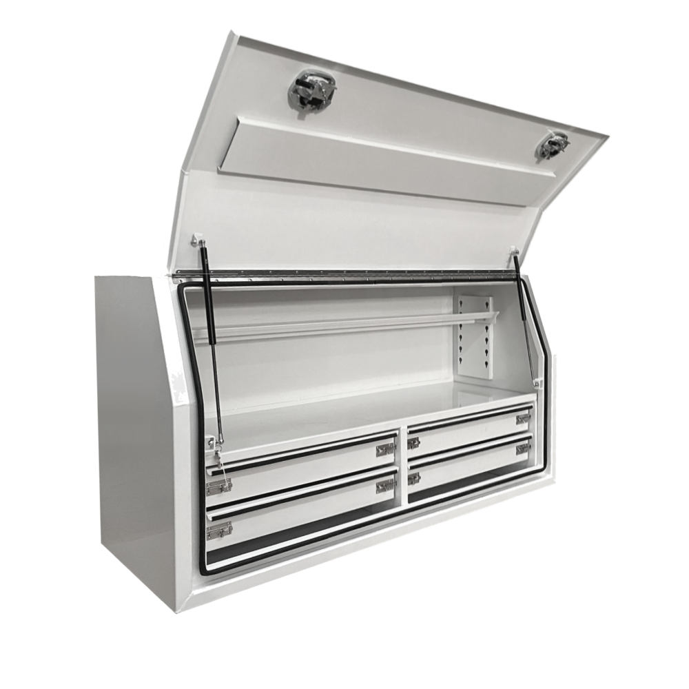 1400 x 600 x 820mm White Flat Aluminium Full Side Opening 4 Drawer Slide Ute Tool Box Truck Trailer Toolbox Shelving 1468FD-4W