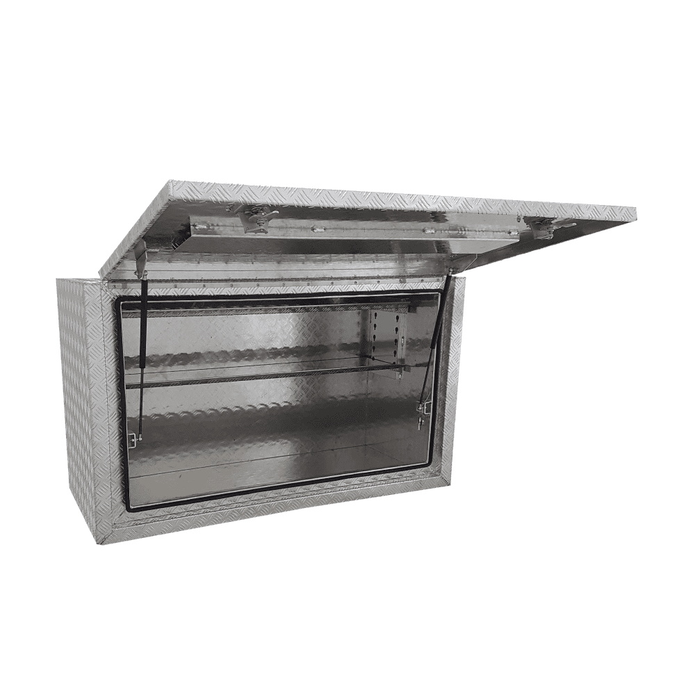 1400 x 600 x 820mm Aluminium Checker Full Side Opening Square Edge Ute Tool Box Truck Trailer Toolbox Shelving 1468SFD