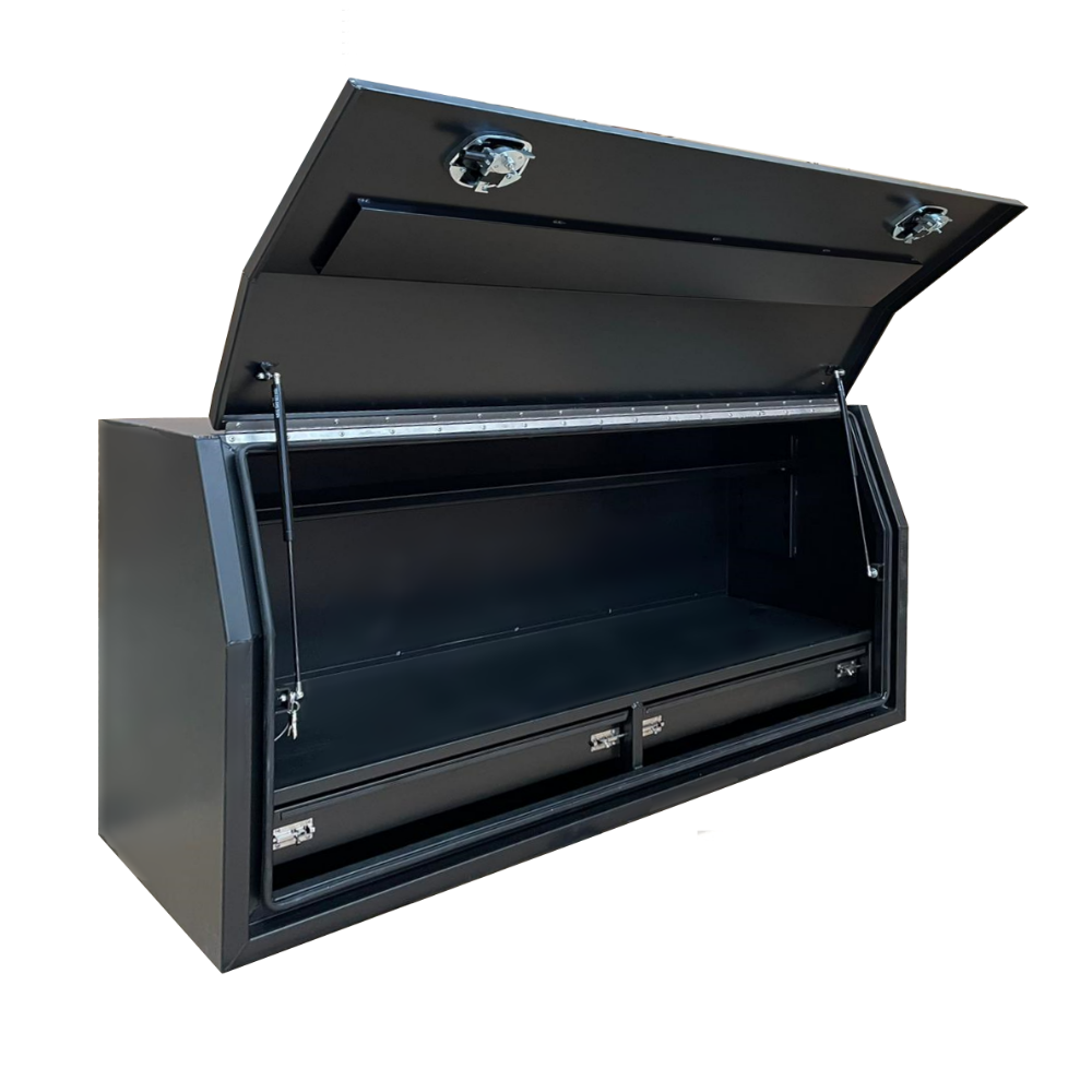 1700 x 600 x 820mm Black Flat Aluminium Full Side Opening 2 Drawer Slide Ute Tool Box Truck Trailer Toolbox Shelving 1768FD-2B