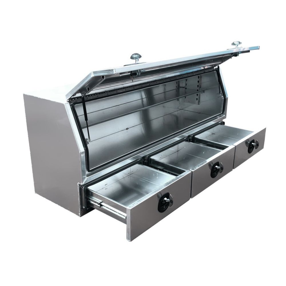 2100 x 600 x 820mm Raw Flat Aluminium 3/4 Half Side Opening 3 Drawer Slide Ute Tool Box Truck Trailer Toolbox Shelving 2168A-FP