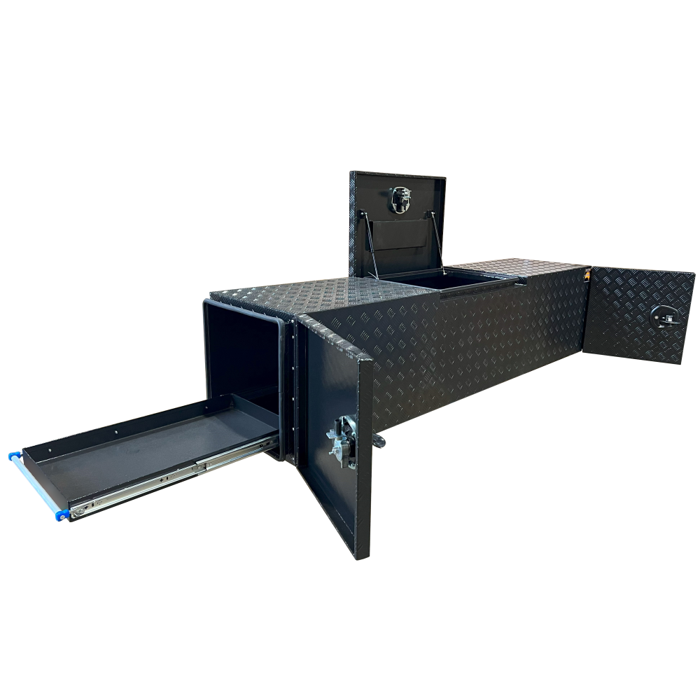 2200 x 550 x 550mm Black Checker Aluminium 3 Lid Slides BBQ Generator Camper Toolbox 2255-B