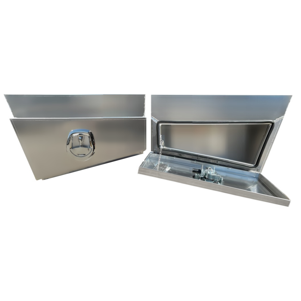 750 x 230 x 400mm Raw Flat Aluminium SET PAIR Ute Toolbox Truck Storage Under Body Tray Storage Strap Tool Box Off Road Tapper 724RLN-FP